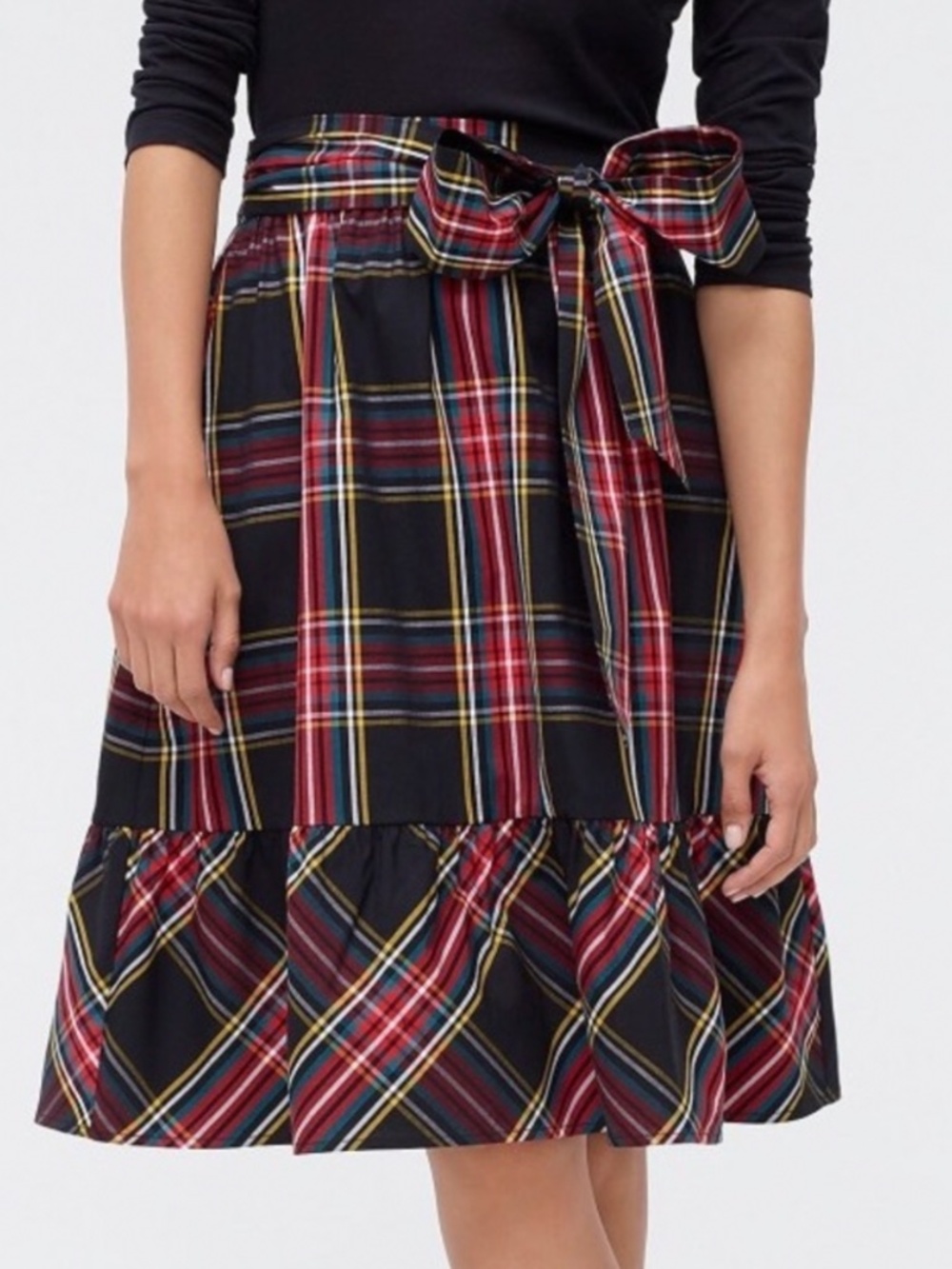 J Crew Red Tartan Plaid Skirt Attached Belt Midi Length Flounce Hem Cotton Sz 4 - Picture 2 of 16